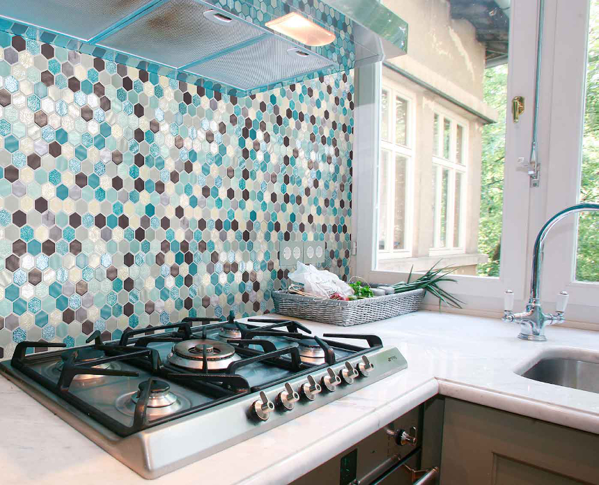 Colourful hexagon mosaic with neutral grout