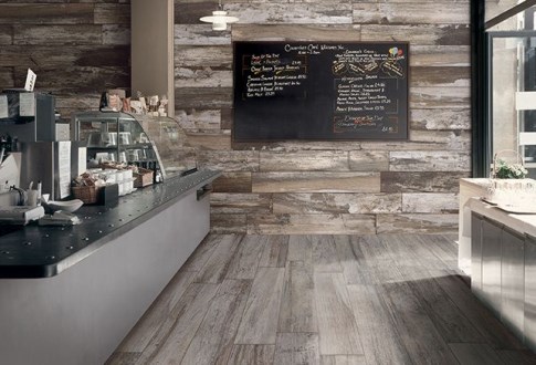 Wood look tile plank feature wall