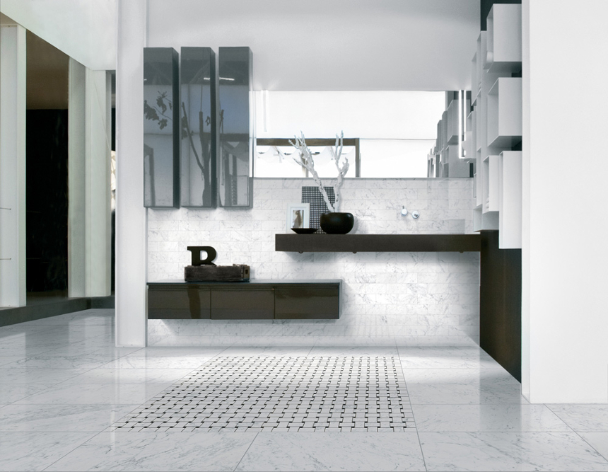 Carrara marble style tile and basketweave mosaic