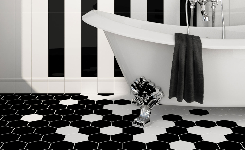 Black hexagon tiles with contrasting white grout