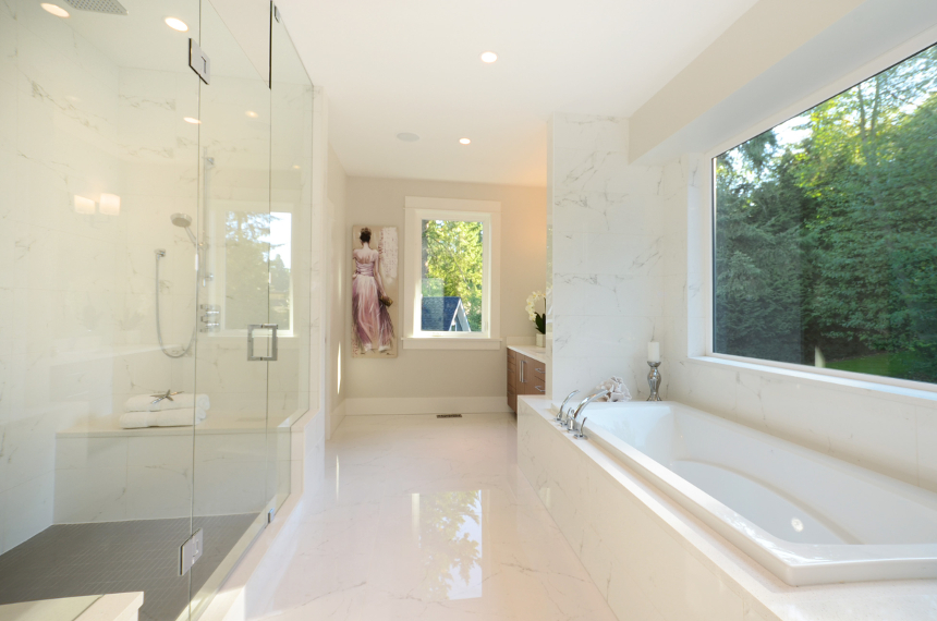 Marble tile with matching grout lines in bathroom